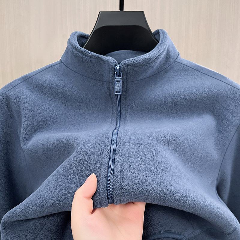 摇粒绒卫衣男立领秋冬款加绒加厚立领拉链开衫男外套纯色奥利绒潮