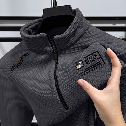 半拉链卫衣保暖加厚秋冬季印花加绒休闲风新款华夫格时尚男士立领