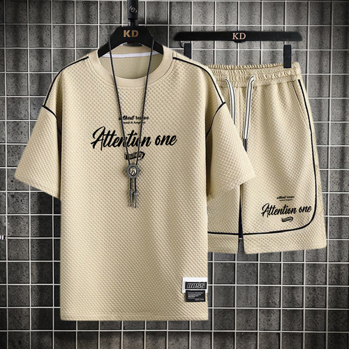 2025夏季新款华夫格休闲套装男宽松痞帅青少年运动短袖短裤两件套