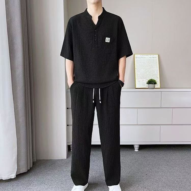 男装夏季套装男士中式中国茶服休闲立领宽松薄款弹力短袖两件套