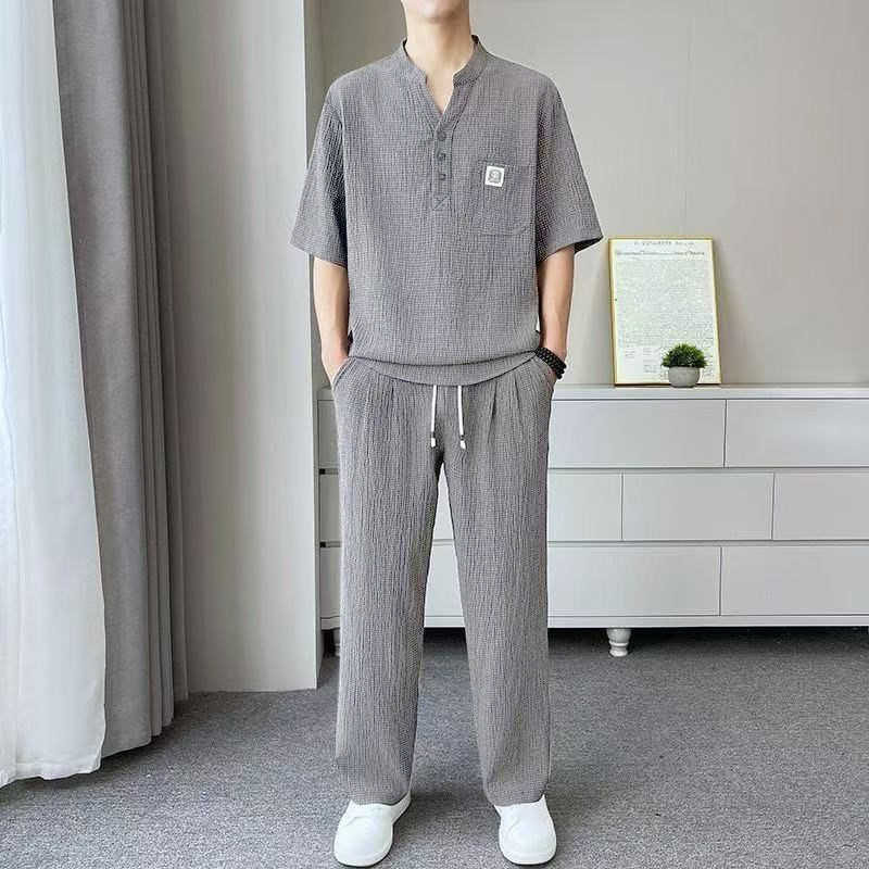 夏季新中式休闲套装男士V领宽松茶服短袖薄款皱感弹力两件套