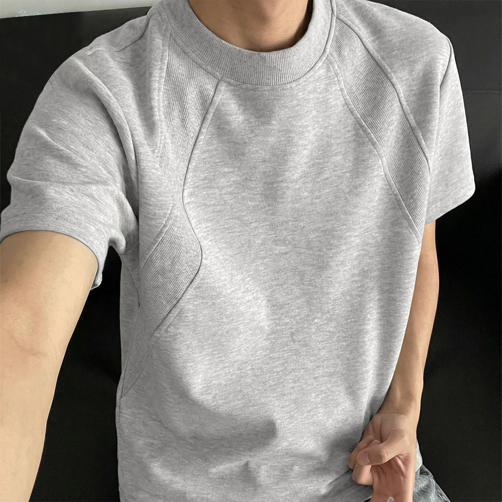 美式正肩拼接短袖T恤男夏季潮牌青少年重磅宽松解构五分袖体恤