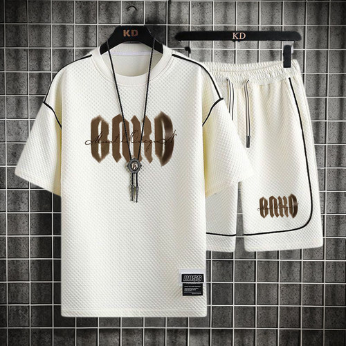 华夫格休闲运动套装男士夏季短袖T恤搭配短裤两件套一套衣服