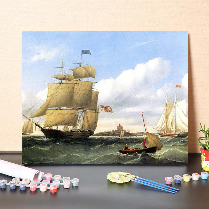 数字油画手绘diy世界名画海上帆船风景夕阳油画打发时间休闲减压