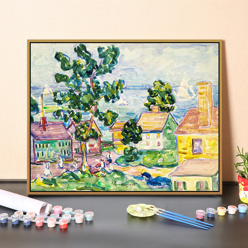 莫里斯 世界名画小镇风景湖泊街道抽象装饰画手绘填色diy数字油画