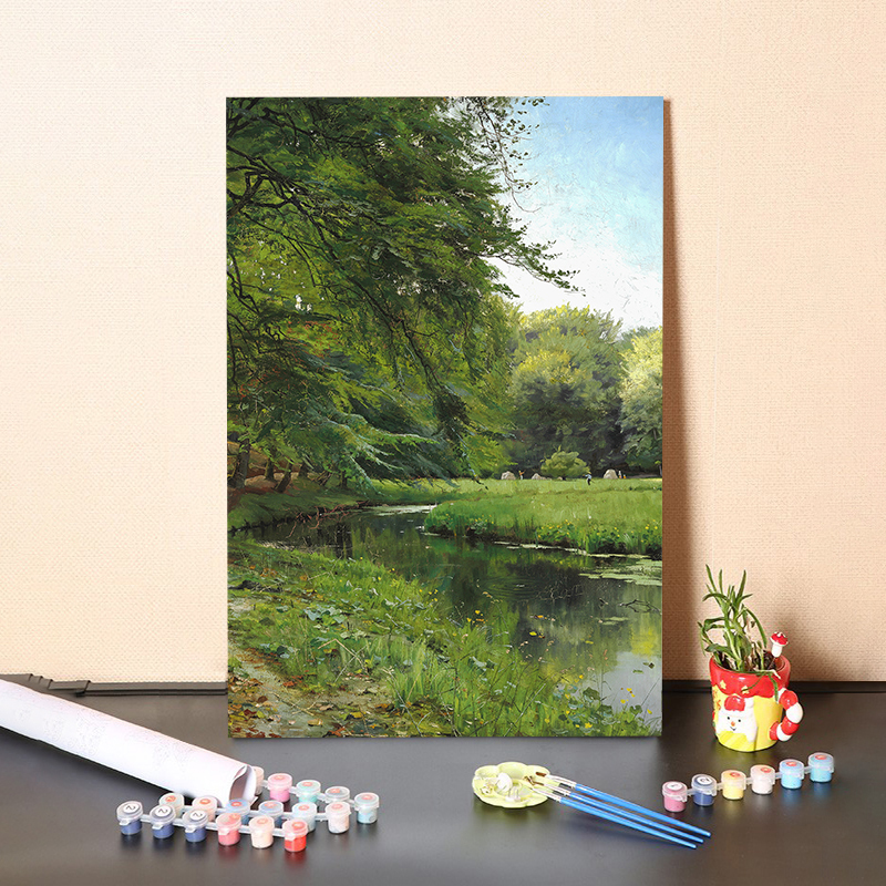 数字油画手绘DIY世界名画自然风景河边树林油画休闲减压打发时间图片