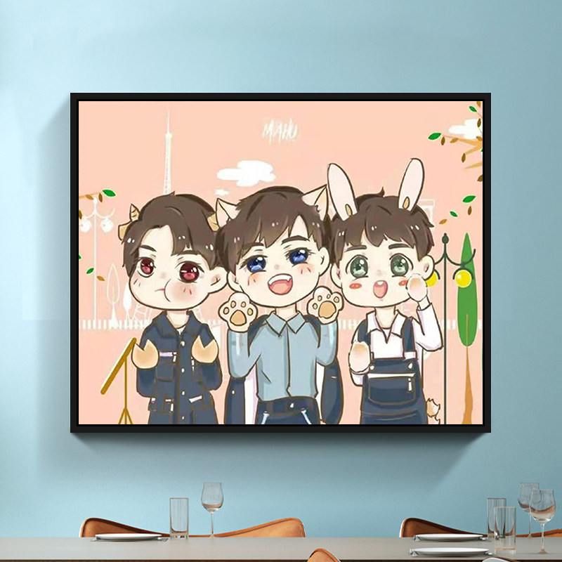 创意手绘填色油彩画diy数字油画卡通涂鸦画q版团体tfboys周边插画