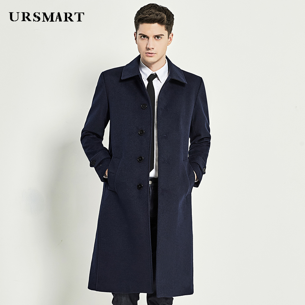 秋冬单排扣长款藏蓝色羊毛大衣