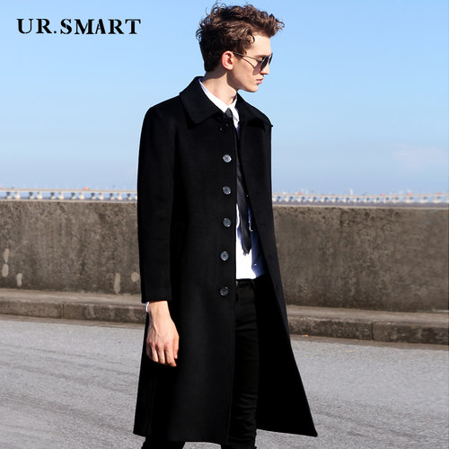 Ursmart经典男单排扣黑色大衣