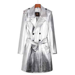 中长款皮风衣男双排扣欧美潮流银色男士皮衣加厚内胆宽松保暖外套