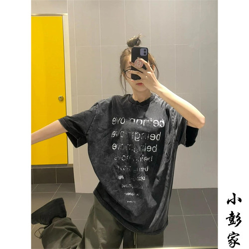 美式水洗做旧短袖t恤女夏季上衣