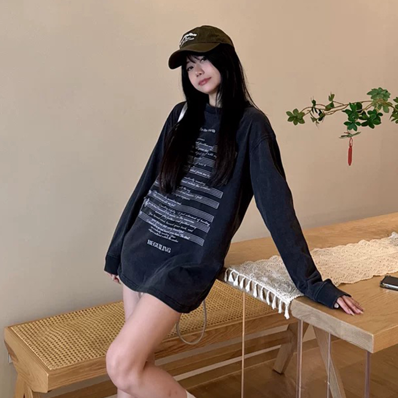 音符印花长袖t恤女春秋做旧上衣