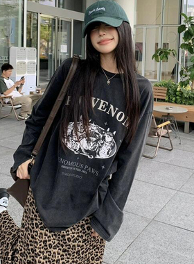 纯棉水洗做旧猫咪印花长袖T恤女春秋设计感小众oversize宽松上衣
