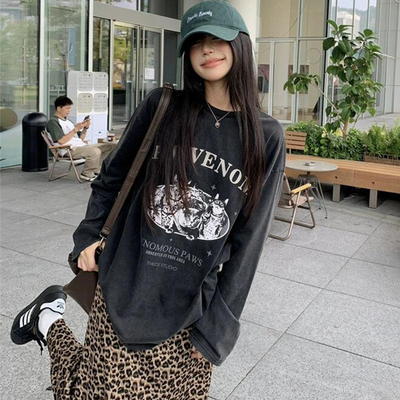 纯棉做旧长袖T恤女春秋小众上衣