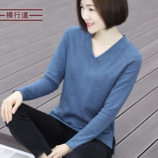 2026春装纯棉v领上衣中年妈妈装长袖t恤女装外穿大码竹节棉打底衫