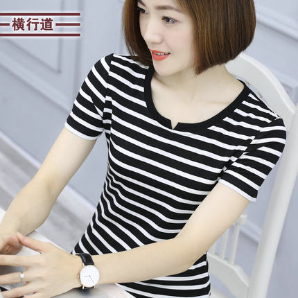 莫代尔棉条纹短袖t恤女大码胖MM中年妈妈v领打底半袖2026新款夏装