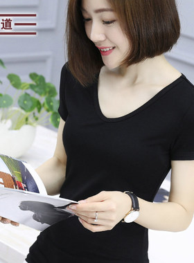 夏装V领短袖t恤女装纯棉大码体恤