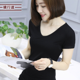 2023新款夏装V领短袖t恤女纯棉大码体恤女装上衣鸡心领半袖打底衫