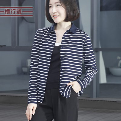 翻领条纹宽松长袖T恤女装大码妈妈莫代尔棉开衫2026新款春装上衣