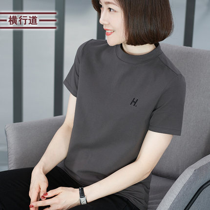 2025新款夏季字母半高领中年妈妈短袖t恤女装大码上衣半袖打底衫
