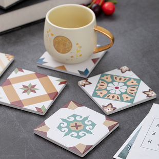 欧式几何花砖咖啡水杯防滑隔热垫陶瓷方形吸水杯垫订做logo定制