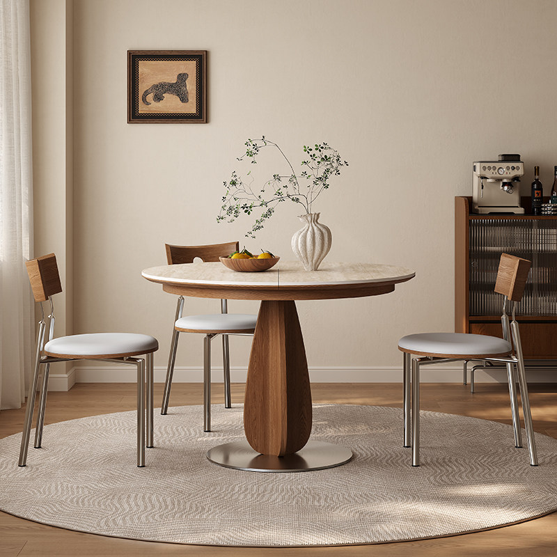 洞石岩板实木伸缩圆形餐桌可变椭圆形拉伸桌小户型现代简约折叠桌