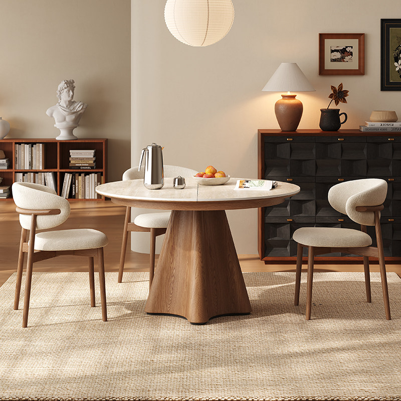 云阶洞石岩板实木伸缩餐桌圆形变椭圆形拉伸桌子小户型新款折叠桌