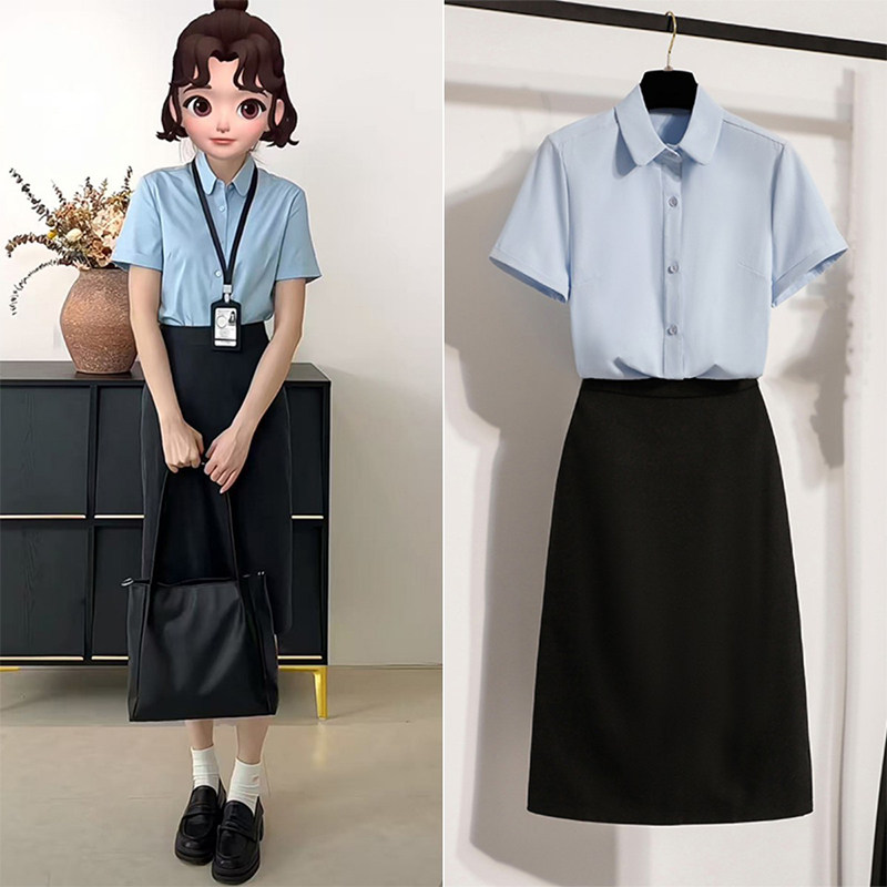 蓝色职业短袖衬衫女夏季正装OL通勤上衣工作服大学生面试裙子套装
