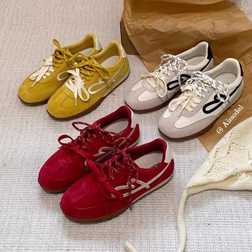 黄色复古德训鞋女款内增高薄款