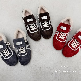 EOS冬季女鞋保暖加绒真皮运动休闲鞋平底加棉系带单鞋棉鞋德训鞋
