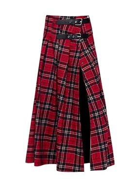 圣诞辣妹高开叉围裙'bì入 复古红格纹半身裙高腰开叉a字中长裙女
