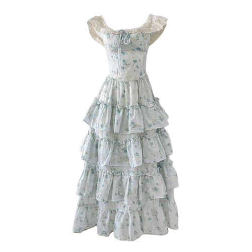 小飞袖温柔碎花收腰公主连衣长裙