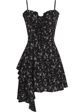 浪漫俘获暗黑玫瑰纯欲甜酷小众不规则碎花吊带裙连衣裙女辣妹春夏