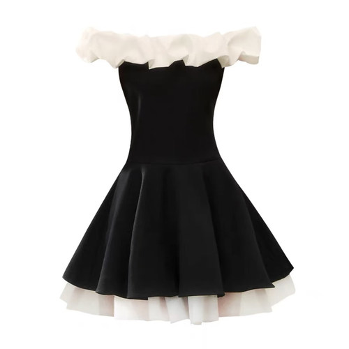 现货网纱拼接一字肩蓬蓬裙