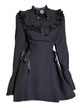 万圣节暗黑系设计感黑色蕾丝长袖蝴蝶结绑带小黑裙收腰显瘦连衣裙