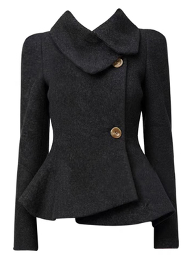 自制【古着lady】秀场薇薇安 收腰花苞下摆呢外套女黑色毛呢大衣