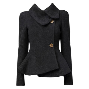 收腰花苞下摆呢外套女黑色毛呢大衣 秀场薇薇安 自制 古着lady