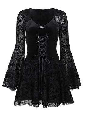 万圣节暗黑系哥特风喇叭袖复古丝绒黑色连衣裙子生日高级感蓬蓬裙