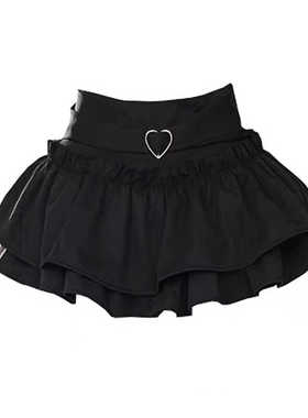 自制少女甜酷黑色半身裙爱心扣蓬蓬裙修身百搭显瘦蛋糕裙a字短裙