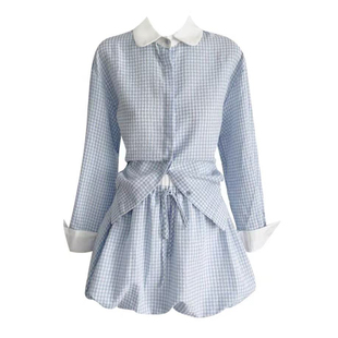 自制冷调锡蓝学院风蓝格子套装 花苞裙短裙撞色系带上衣女 翻领衬衫