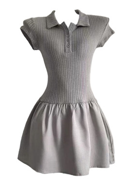 自制艺术系学姐高智感灰色polo领拼接连衣裙女甜酷短款显瘦蓬蓬裙