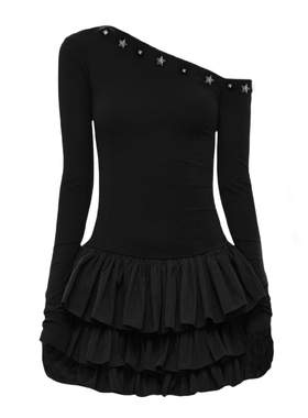 自制设计感复古辣妹芭蕾风斜肩堆叠感修身蛋糕连衣裙蓬蓬小黑裙女