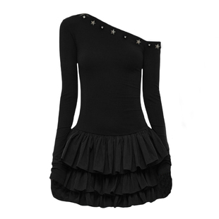 自制设计感复古辣妹芭蕾风斜肩堆叠感修身 蛋糕连衣裙蓬蓬小黑裙女