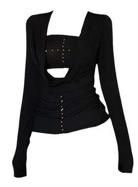 美式复古设计感修身黑色十字架铆钉纯欲辣妹小众抹胸针织罩衫上衣