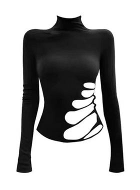 纯欲黑色长袖T恤打底衫女秋辣妹设计感小众修身显瘦镂空高领上衣