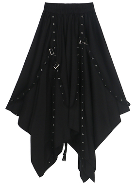 不规则半身裙女2025春季新款暗黑系街头朋克风织带扣雪纺中长裙潮