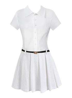 现货设计感学院风纯白日记白色拼接连衣裙Polo领女夏修身收腰短裙