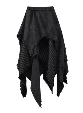 设计感复古废土风不规则格纹拼接百褶流浪A字高腰中长款灰色长裙