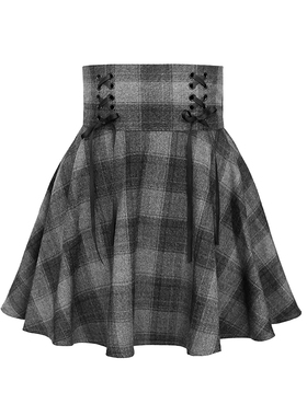辣妹美式bella少女深灰色格子高腰系带大摆半身裙小个子短裙a字裙