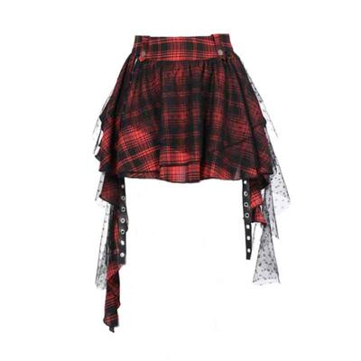 y2k辣妹红黑格子网纱半身裙